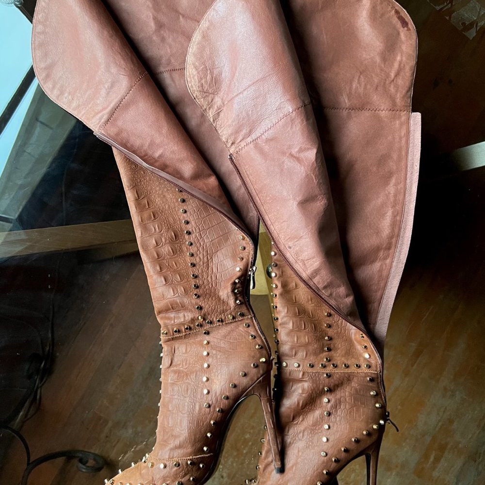 JENNIFER le Thigh High Boots Studden Leather Suede Designer Stilletto Heels - Picture 8 of 9